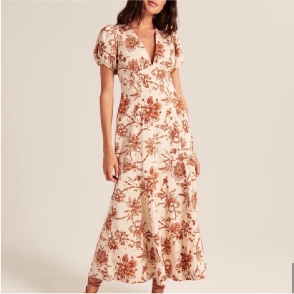 Abercrombie & Fitch Cream and Brown Floral Midi Dress